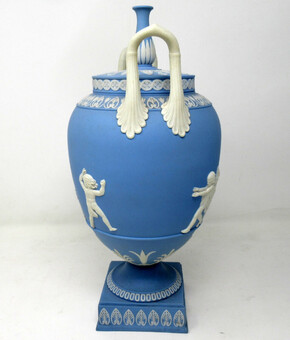 Antique Antique Pair of Blue Wedgwood Jasperware Ceramic Urns Vases John Flaxman Cherubs