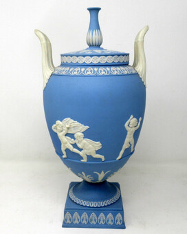 Antique Antique Pair of Blue Wedgwood Jasperware Ceramic Urns Vases John Flaxman Cherubs