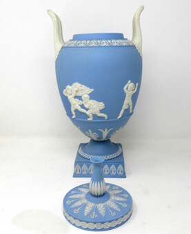 Antique Antique Pair of Blue Wedgwood Jasperware Ceramic Urns Vases John Flaxman Cherubs