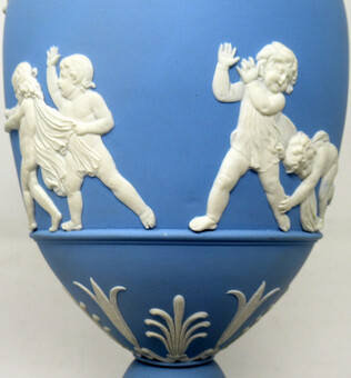 Antique Antique Pair of Blue Wedgwood Jasperware Ceramic Urns Vases John Flaxman Cherubs