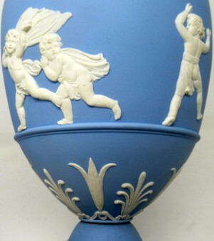 Antique Antique Pair of Blue Wedgwood Jasperware Ceramic Urns Vases John Flaxman Cherubs