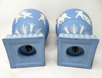 Antique Antique Pair of Blue Wedgwood Jasperware Ceramic Urns Vases John Flaxman Cherubs