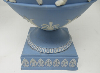 Antique Antique Pair of Blue Wedgwood Jasperware Ceramic Urns Vases John Flaxman Cherubs