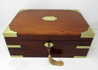 Antique Antique Georgian Mahogany Victorian Brass Bound Traveling Writing Slope Box 19Ct