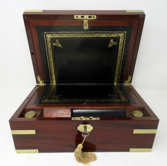 Antique Antique Georgian Mahogany Victorian Brass Bound Traveling Writing Slope Box 19Ct