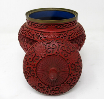 Antique Antique Chinese Carved Cinnabar Bowl Ginger Jar Centerpiece Guangxu 19th Century