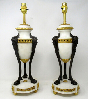 Antique Antique Pair of French Ormolu Gilt Bronze White Cream Marble Urns Table Lamps