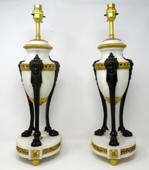 Antique Antique Pair of French Ormolu Gilt Bronze White Cream Marble Urns Table Lamps