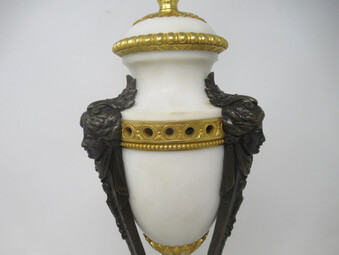 Antique Antique Pair of French Ormolu Gilt Bronze White Cream Marble Urns Table Lamps