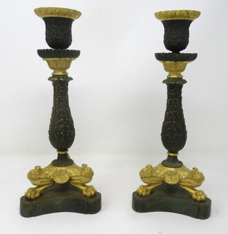 Antique Pair of Ormolu Patinated Gilt Bronze Acanthus Empire-Style Candlesticks 19th Ct