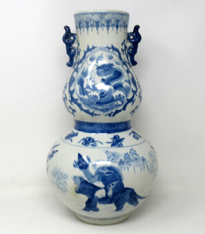 Antique Antique Asian Chinese Porcelain Blue White Gourd Vase Tongzhi Period 1856-1875