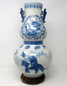 Antique Antique Asian Chinese Porcelain Blue White Gourd Vase Tongzhi Period 1856-1875