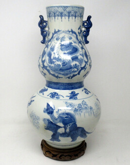 Antique Antique Asian Chinese Porcelain Blue White Gourd Vase Tongzhi Period 1856-1875