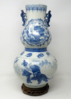 Antique Antique Asian Chinese Porcelain Blue White Gourd Vase Tongzhi Period 1856-1875