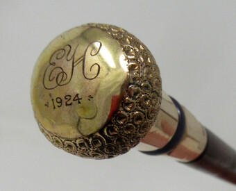 Antique Antique Vintage Partridge Wood Walking Stick Cane 18ct Gold-Plated Grip 1924