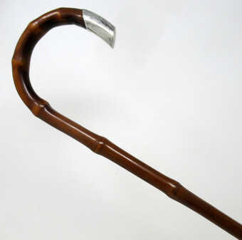 Antique Antique Bamboo Wooden Walking Stick Cane Sterling Silver Mount Crook Handle 1908