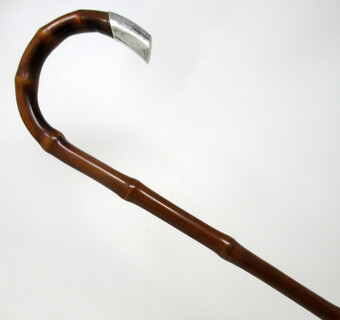 Antique Antique Bamboo Wooden Walking Stick Cane Sterling Silver Mount Crook Handle 1908