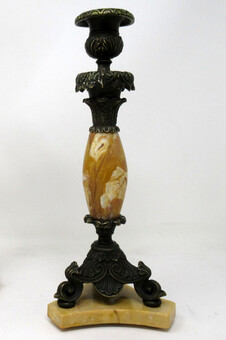 Antique Antique Pair French Sienna Marble Grand Tour Bronze Candelabra Candlesticks 19Ct