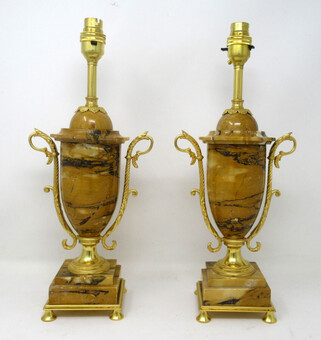 Antique Antique Pair French Giallo Sienna Marble Gilt Bronze Ormolu Electric Table Lamps