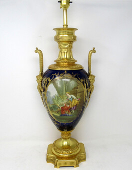 Antique Antique French Sèvres Gilt Bronze Porcelain Vase Ormolu Cobalt Blue Table Lamp