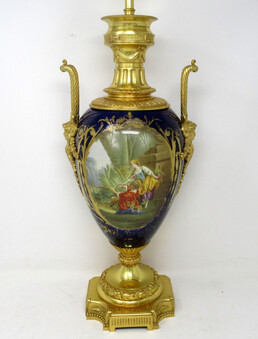 Antique Antique French Sèvres Gilt Bronze Porcelain Vase Ormolu Cobalt Blue Table Lamp