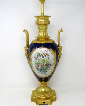 Antique Antique French Sèvres Gilt Bronze Porcelain Vase Ormolu Cobalt Blue Table Lamp