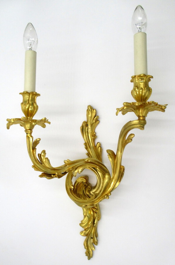 Antique Antique Pair of Ormolu Gilt Bronze Twin Light Wall Candle Sconces Appliques 19Ct