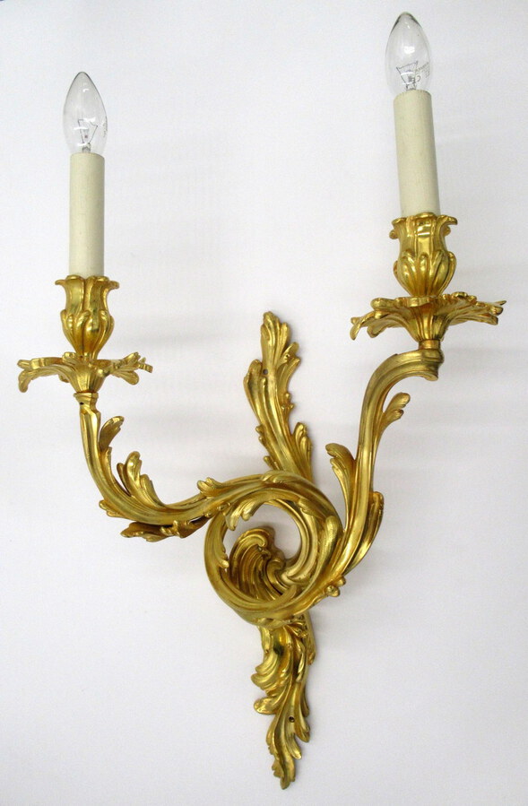 Antique Antique Pair of Ormolu Gilt Bronze Twin Light Wall Candle Sconces Appliques 19Ct