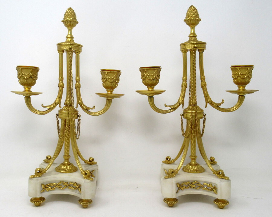 Antique Pair of French Ormolu White Marble Twin Arm Garniture Candelabra Candlesticks