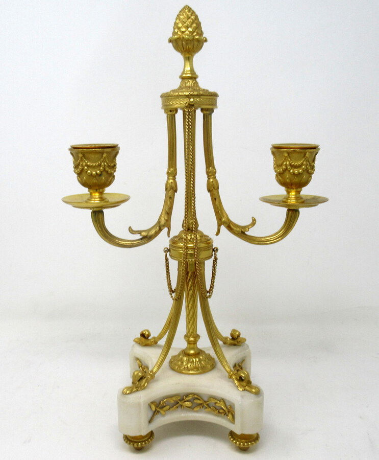 Antique Pair of French Ormolu White Marble Twin Arm Garniture Candelabra Candlesticks