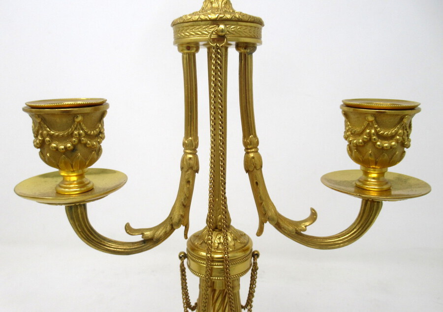 Antique Pair of French Ormolu White Marble Twin Arm Garniture Candelabra Candlesticks