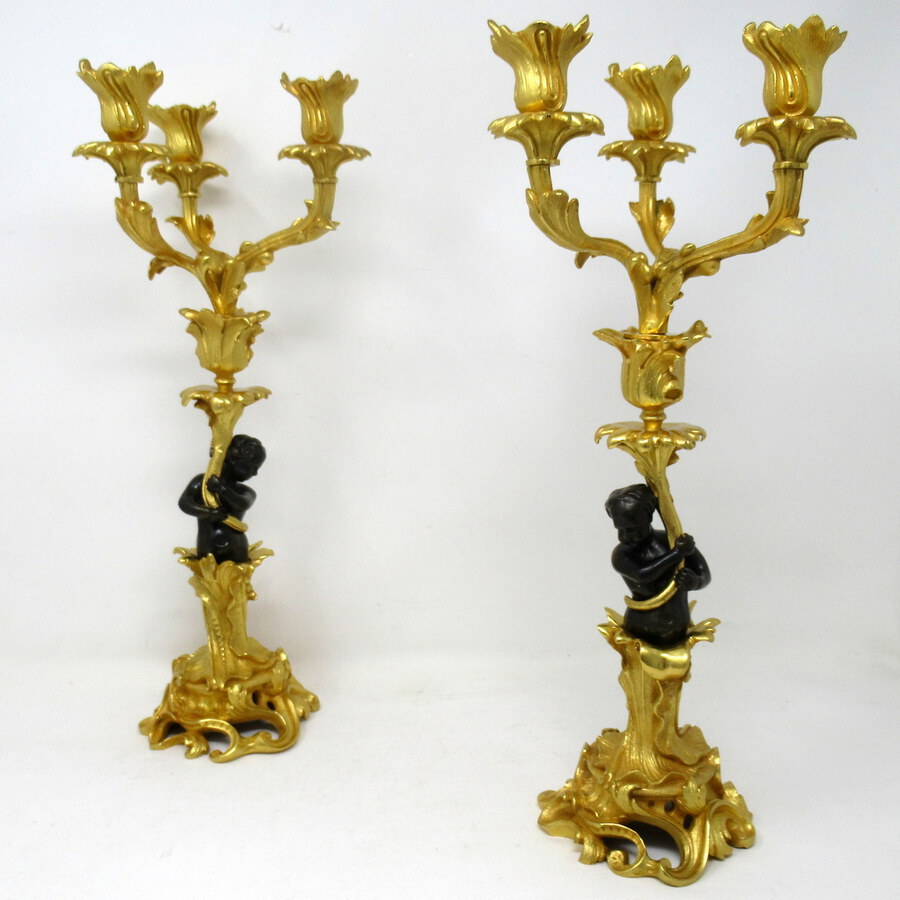 Antique Antique Vintage Pair French Ormolu Gilt Bronze Candelabra Candlesticks 19th Ct