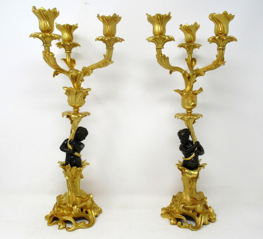 Antique Antique Vintage Pair French Ormolu Gilt Bronze Candelabra Candlesticks 19th Ct