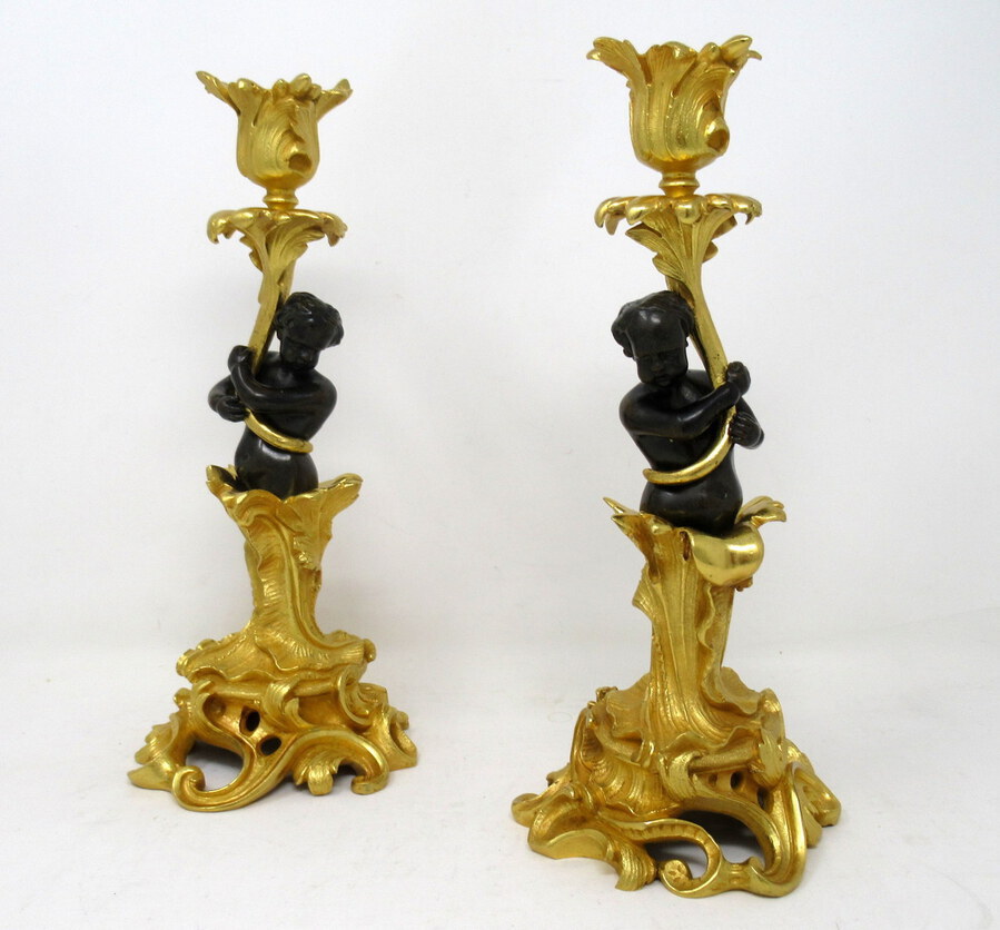 Antique Antique Vintage Pair French Ormolu Gilt Bronze Candelabra Candlesticks 19th Ct