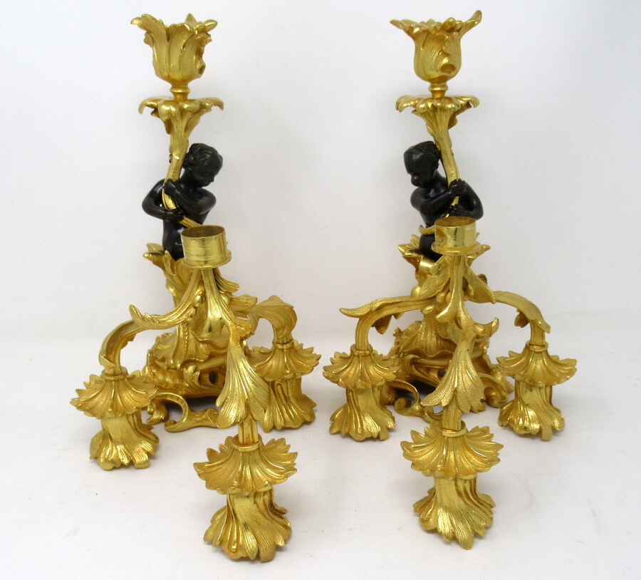 Antique Antique Vintage Pair French Ormolu Gilt Bronze Candelabra Candlesticks 19th Ct