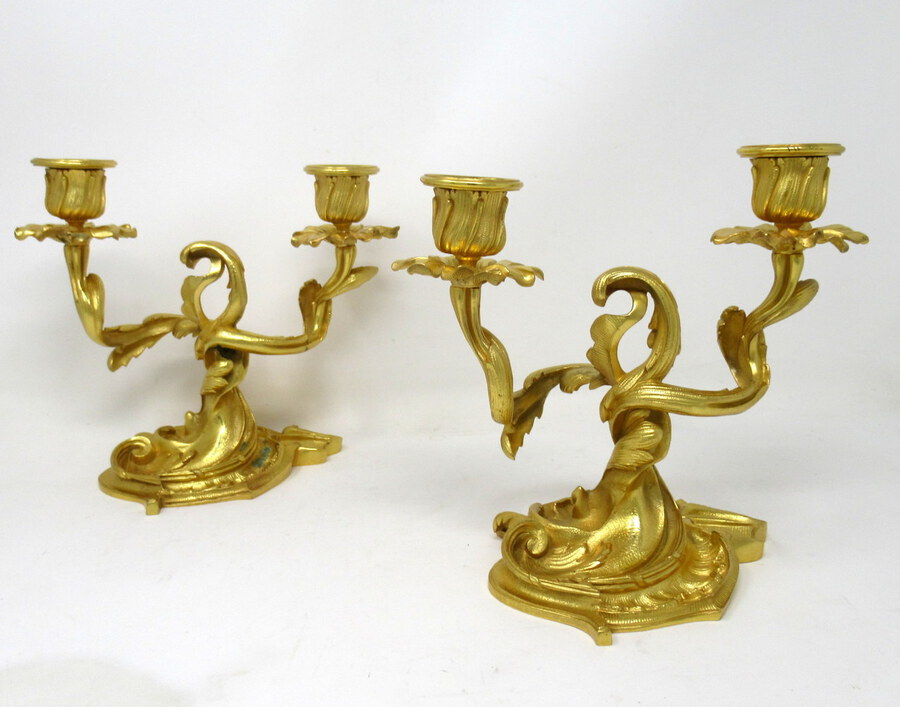 Antique Antique Pair French Ormolu Dore Bronze Twin Light Candelabra Candlesticks 19 Ct