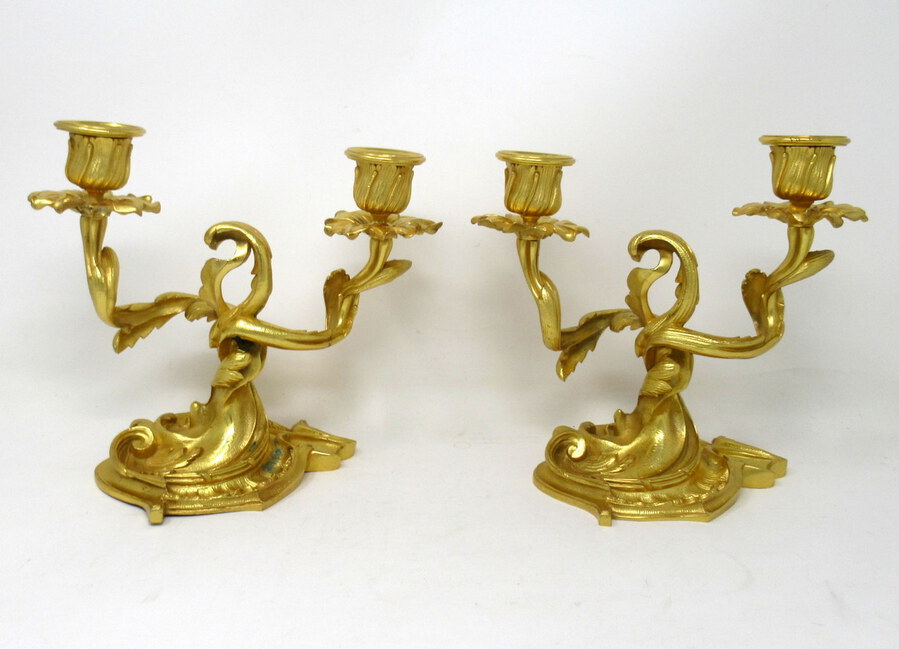 Antique Antique Pair French Ormolu Dore Bronze Twin Light Candelabra Candlesticks 19 Ct