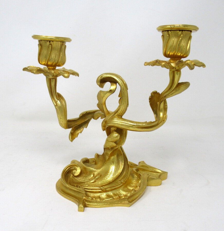 Antique Antique Pair French Ormolu Dore Bronze Twin Light Candelabra Candlesticks 19 Ct