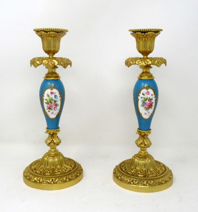 Antique Antique Pair French Ormolu Sevres Porcelain Gilt Bronze Candlesticks Candelabra