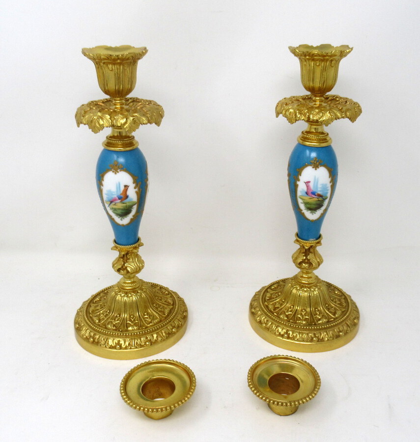 Antique Antique Pair French Ormolu Sevres Porcelain Gilt Bronze Candlesticks Candelabra