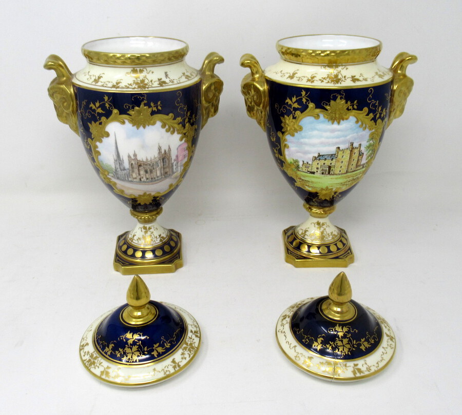 Antique Fine Pair Coalport Urns Hand Painted Signed Norman Lear Malcolm Harnett 20thCt