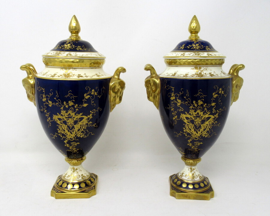 Antique Fine Pair Coalport Urns Hand Painted Signed Norman Lear Malcolm Harnett 20thCt