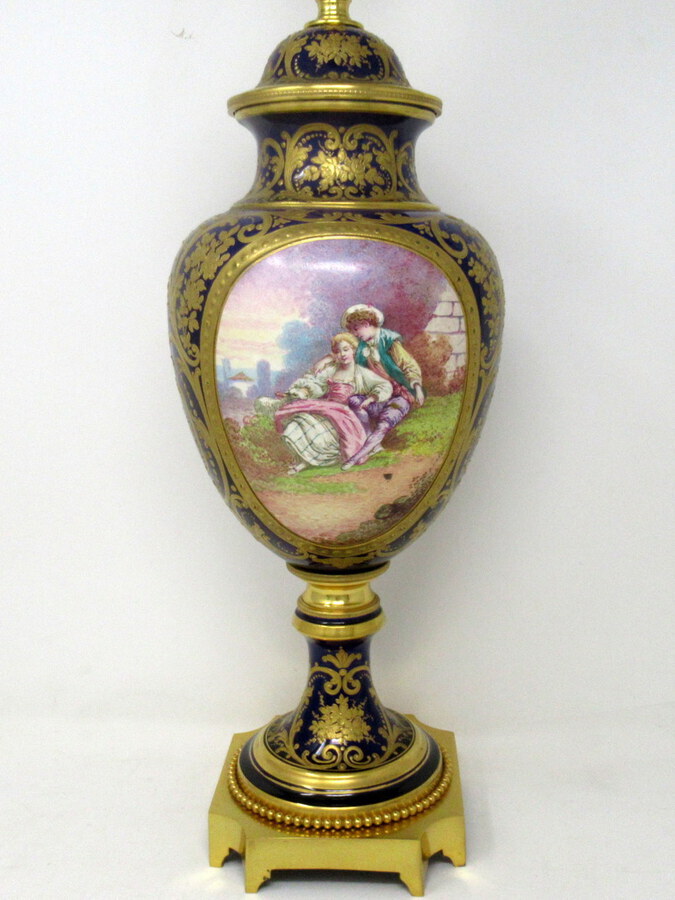 Antique French Sèvres Porcelain Watteau Scene Ormolu Cobalt Blue Table Lamp 19th Century