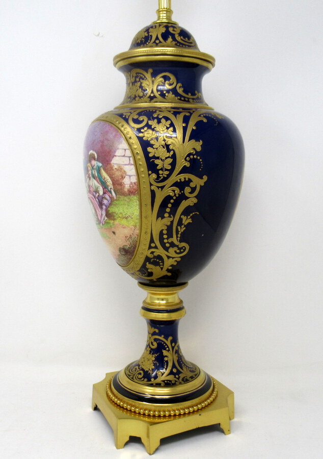 Antique French Sèvres Porcelain Watteau Scene Ormolu Cobalt Blue Table Lamp 19th Century