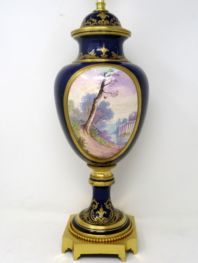 Antique French Sèvres Porcelain Watteau Scene Ormolu Cobalt Blue Table Lamp 19th Century