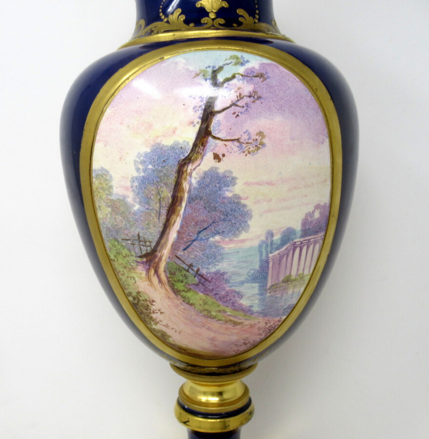 Antique French Sèvres Porcelain Watteau Scene Ormolu Cobalt Blue Table Lamp 19th Century