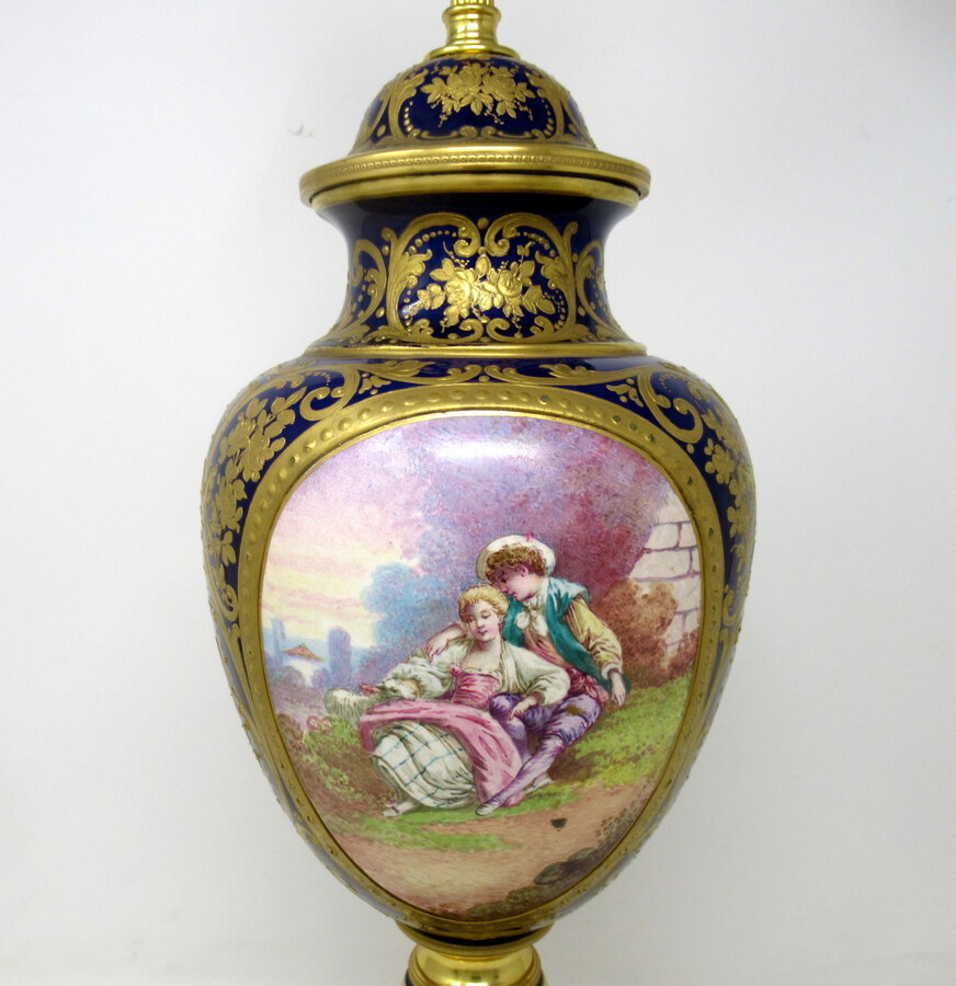 Antique French Sèvres Porcelain Watteau Scene Ormolu Cobalt Blue Table Lamp 19th Century