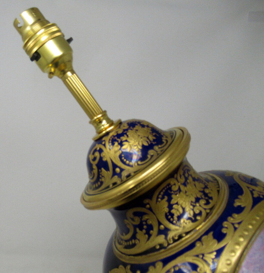 Antique French Sèvres Porcelain Watteau Scene Ormolu Cobalt Blue Table Lamp 19th Century