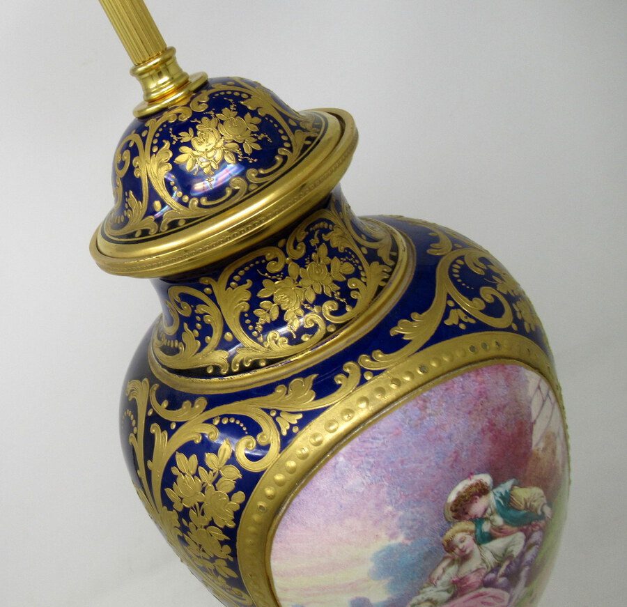 Antique French Sèvres Porcelain Watteau Scene Ormolu Cobalt Blue Table Lamp 19th Century