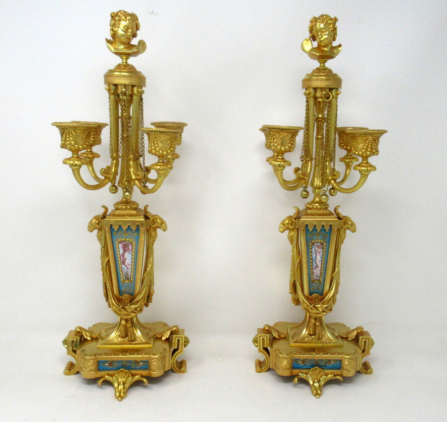 Antique Antique Pair French Sevres Porcelain Ormolu Gilt Bronze Candelabra Barbedienne